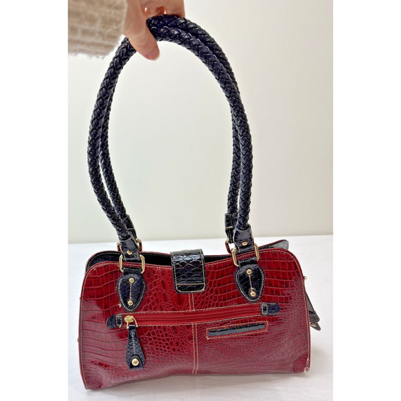Y2K Red Black Faux Croc Embossed Shoulder Bag Gold Turnlock Snake Print Purse - Picture 9 of 11
